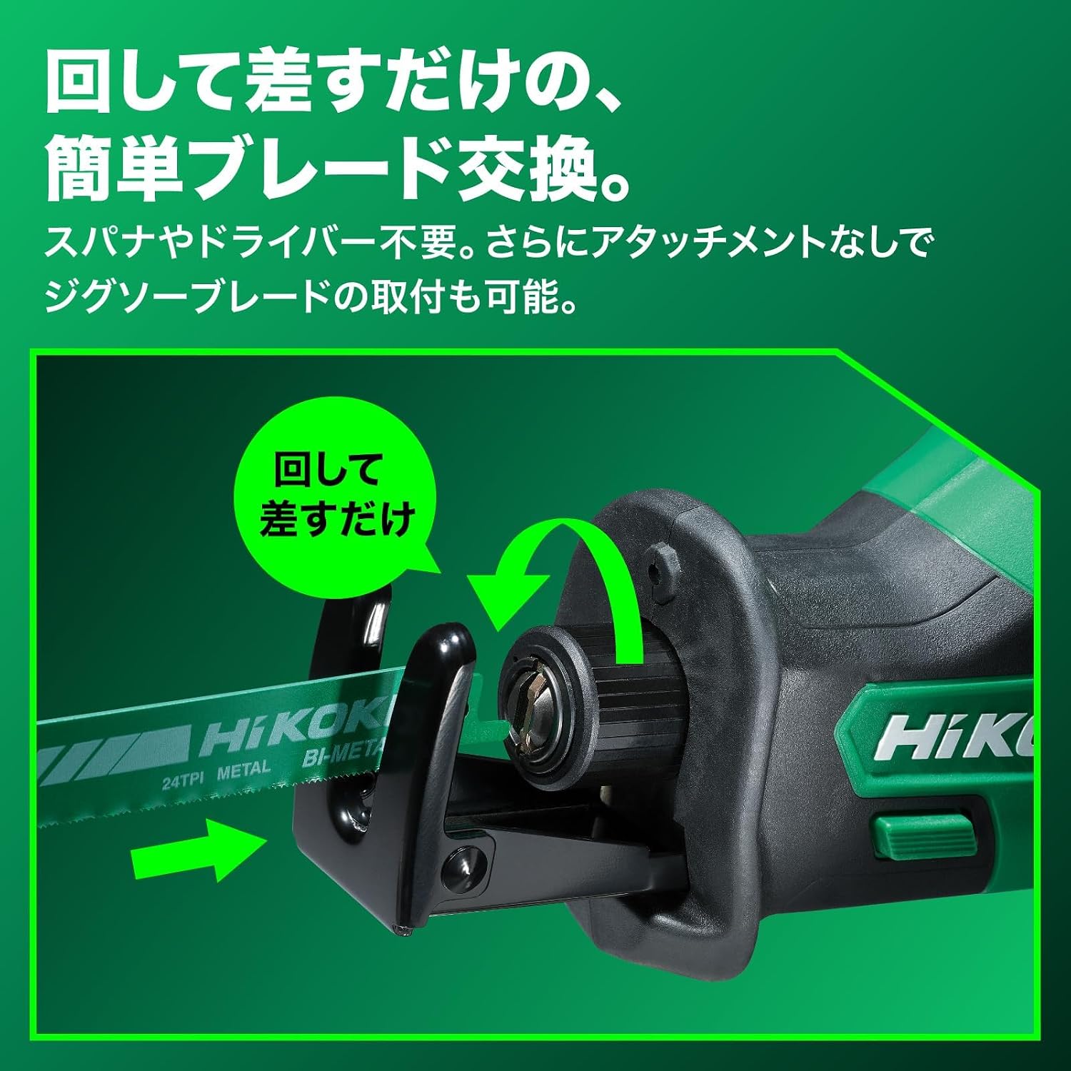 Detalle de HiKOKI CR18DA(NNN) 18V充電式セーバソー 工具不要の刃交換・ベース調整