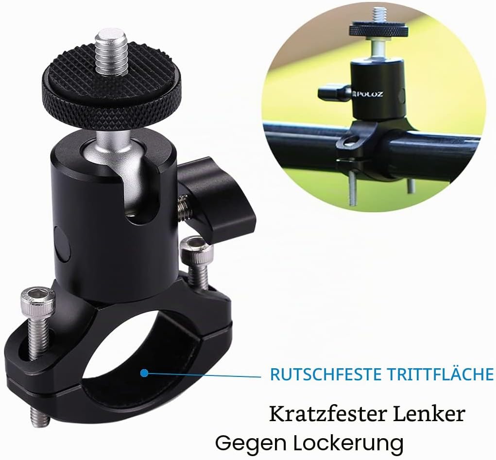 Detalle de PULUZ Fahrrad-Lenkerhalterung für GoPro Hero 12/11/10/9/8/7/6 – Aluminium, 20–35 mm Durchmesser, 1/4-Zoll Gewinde