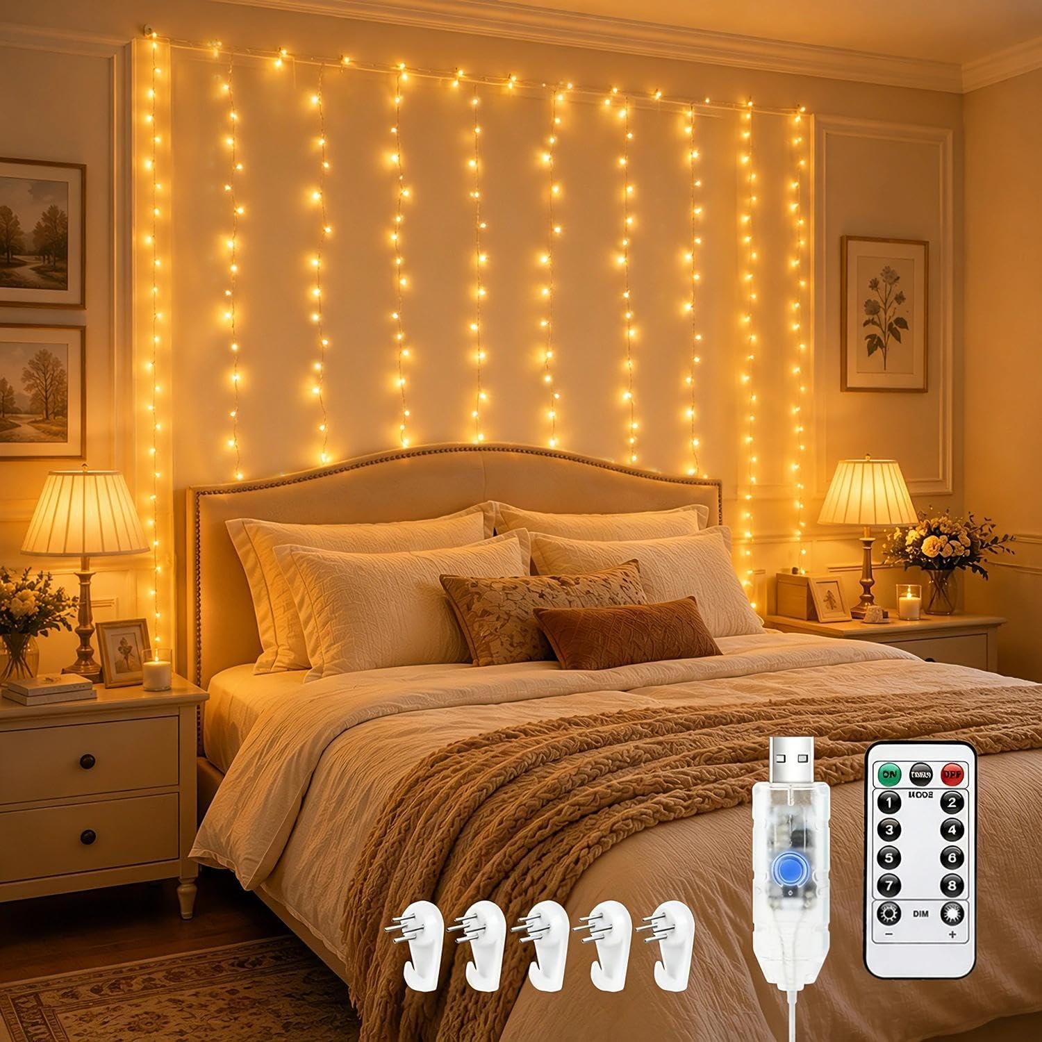 Detalle de ANJAYLIA AN-WC 300-LED Warm White Curtain Lights, 8 Modes