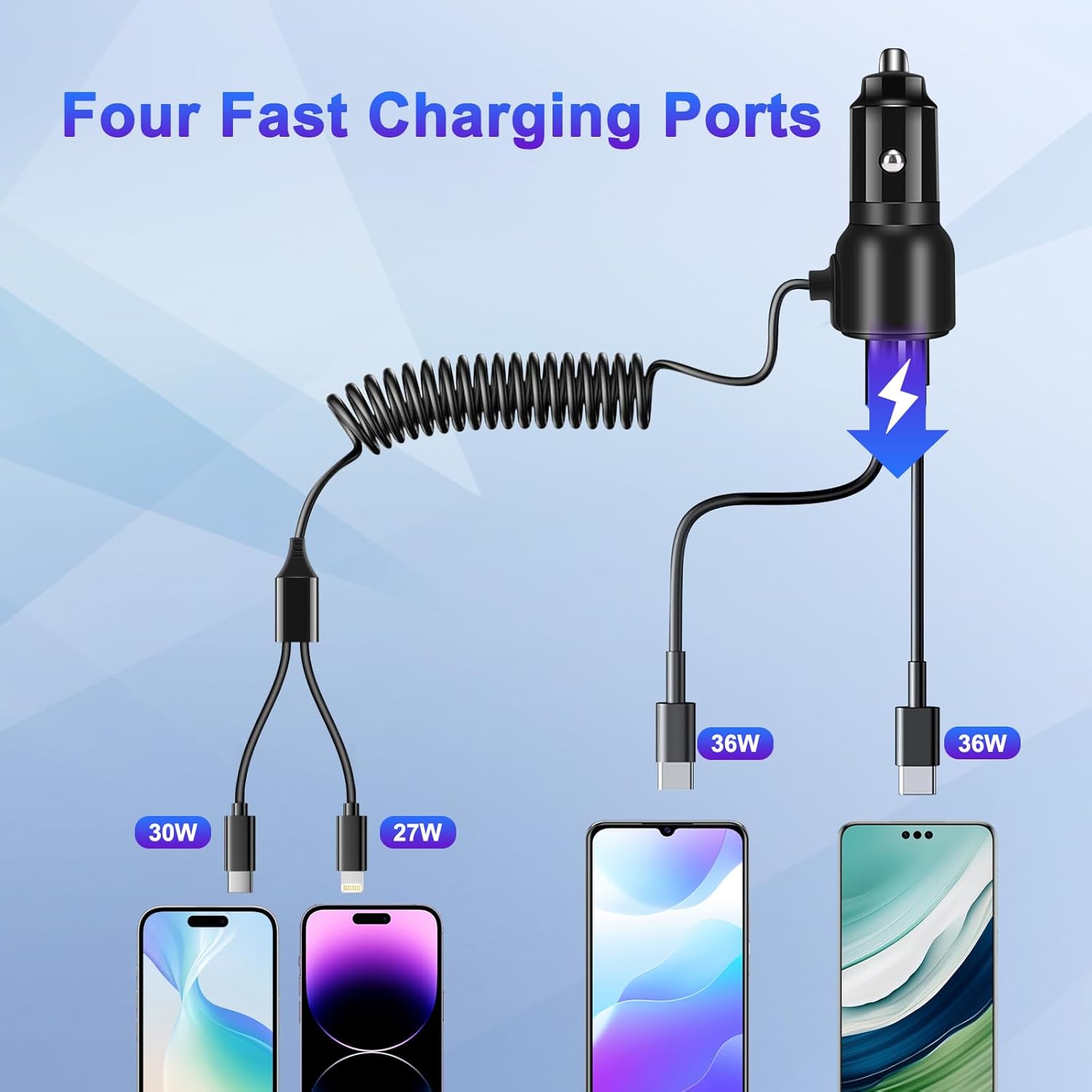 Thumbnail 5 de BUNUD USB Car Charger 66W with PD & QC 3.0 and coiled cable (Type C + Lightning)
