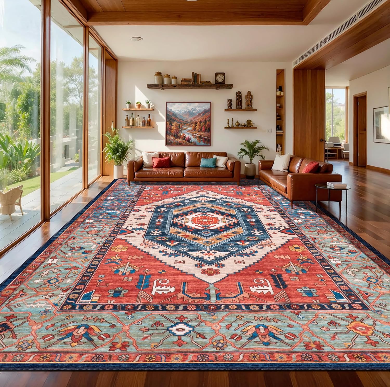 Detalle de SERISSA Washable Rugs 9x12: Large Non-Slip Boho Rug with Vintage Distressed Oriental Print