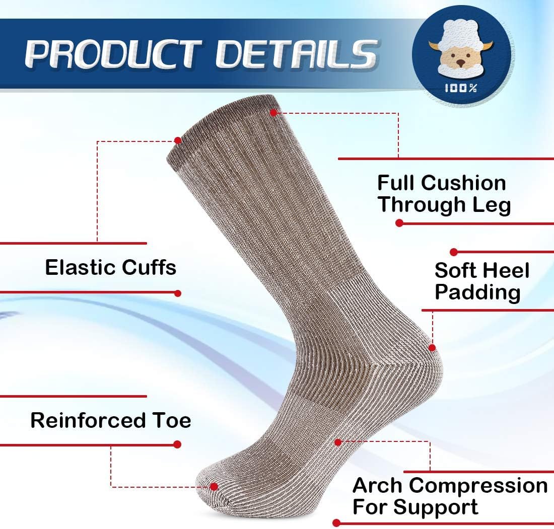 Detalle 1 de Vihir Men's Thermal Merino Wool Hiking Calf Tube Socks, 3-Pack