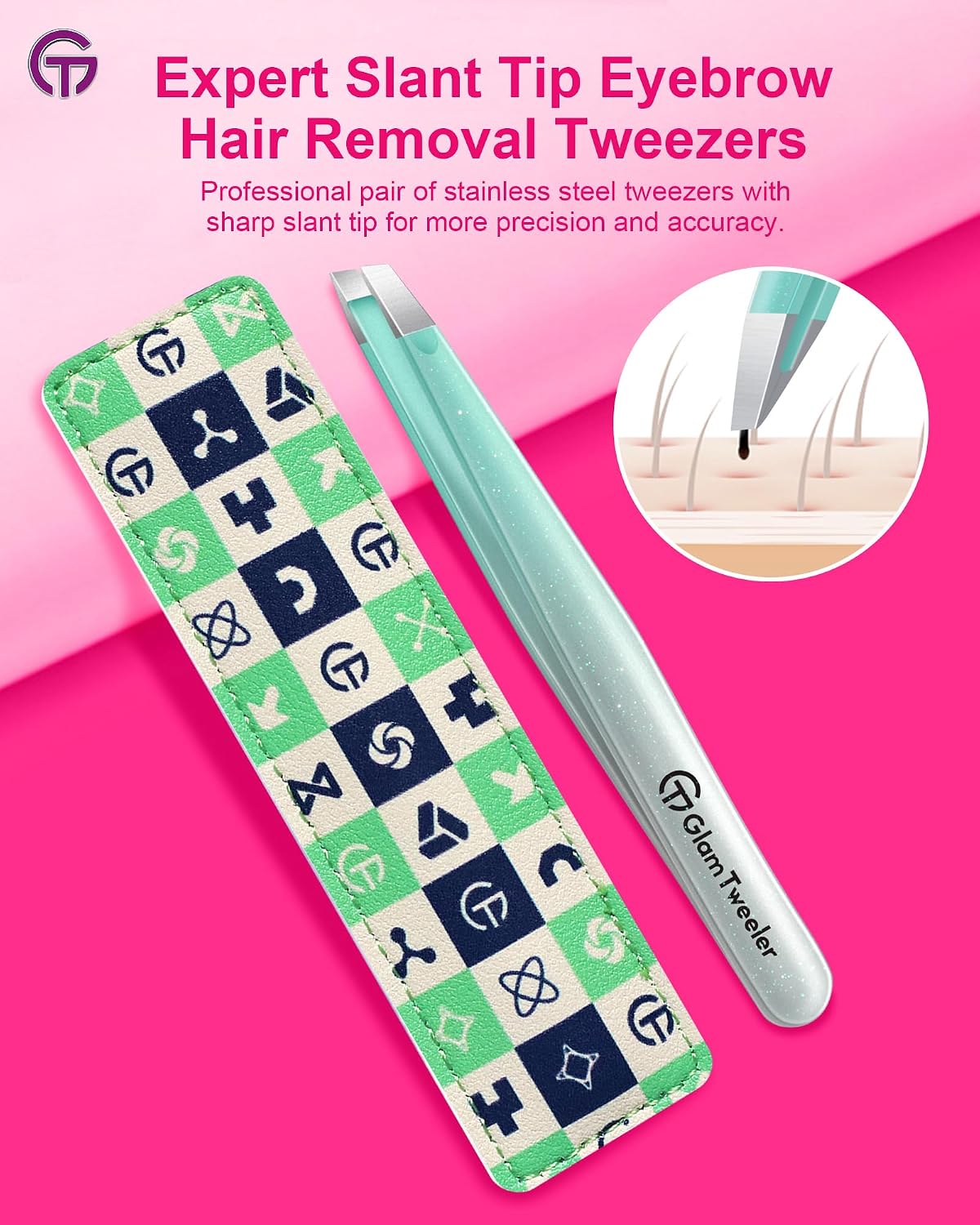 Detalle 2 de GlamTweeler Expert Slant Tip Tweezers with Leather Case (Sparkle Mint Green & Silver)