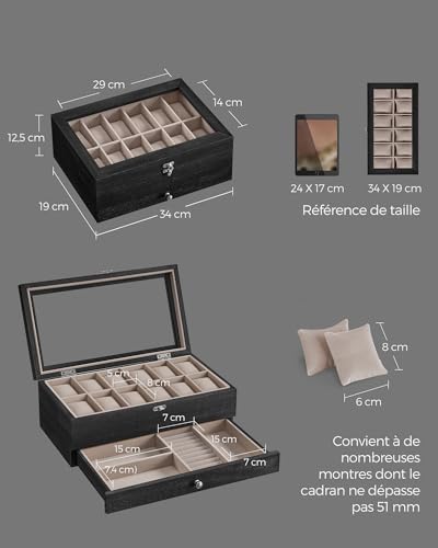 Detalle de SONGMICS Anicia JOW012B01, boîte à montres en bois 12 places avec couvercle en verre