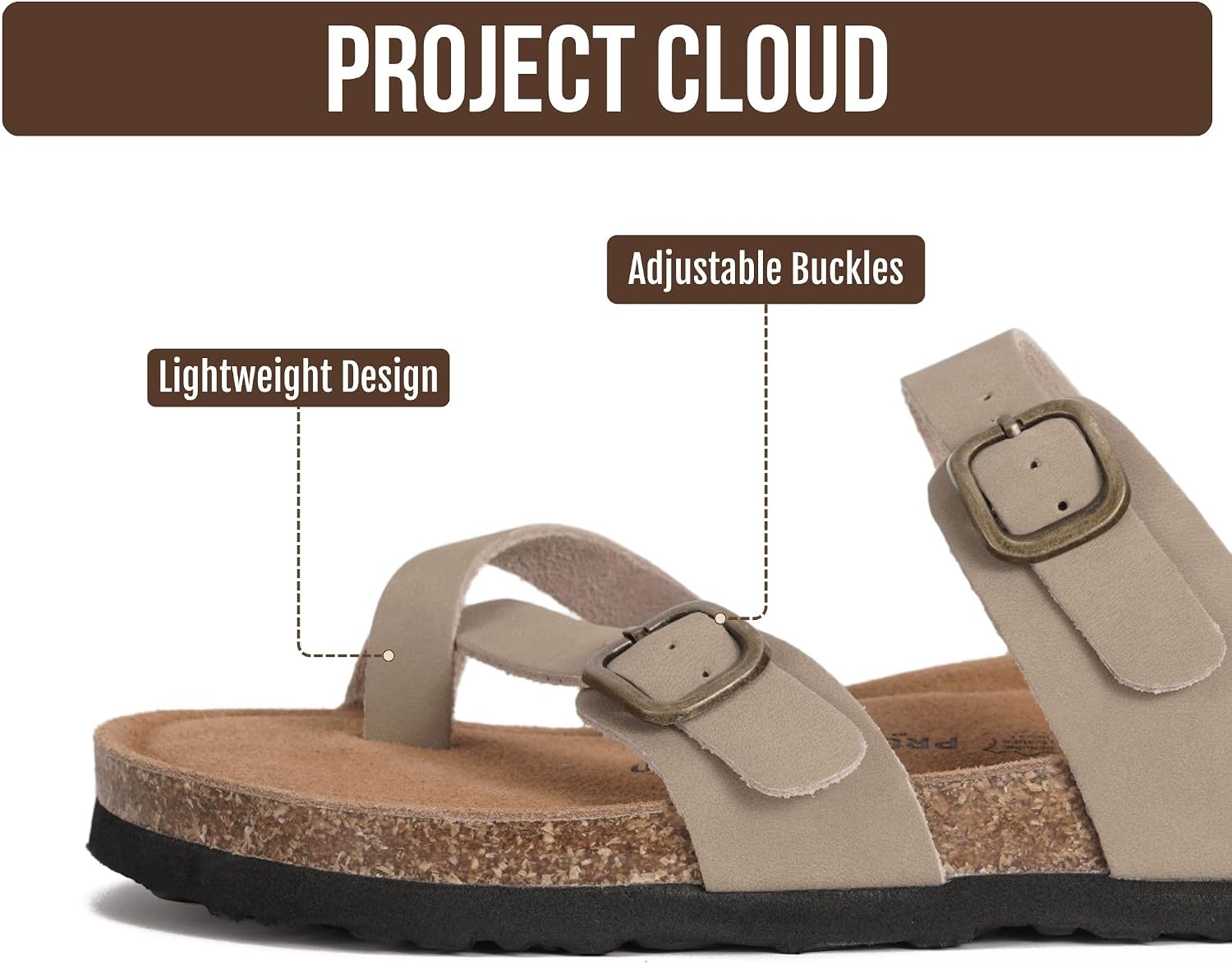 Detalle 2 de Project Cloud 100% Genuine Leather Womens Sandals (Lightweight, Memory Foam Insole, Cork Footbed) by Lian