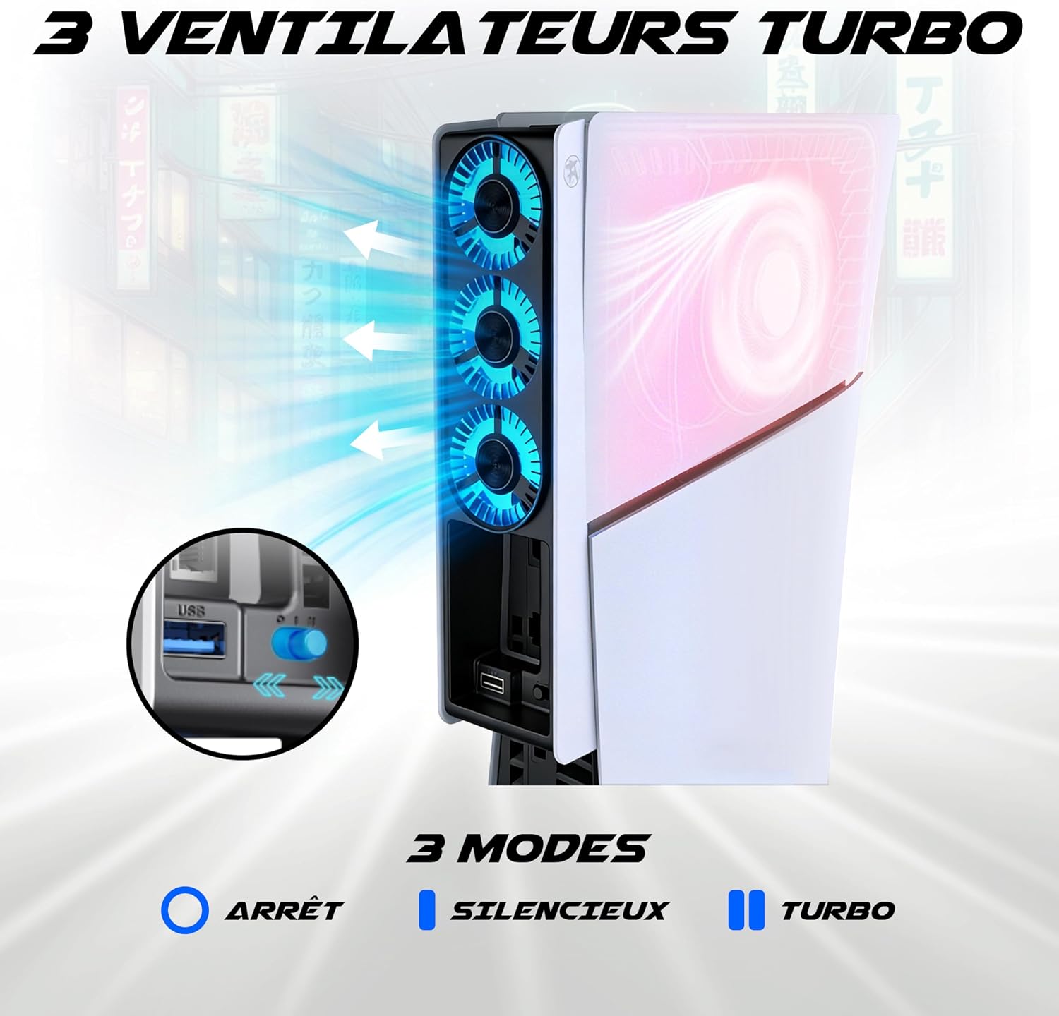 Detalle de AKUMA Cyber W02 ventilateur PS5 Slim 3 ventilateurs
