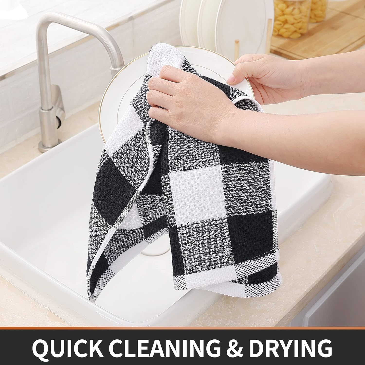 Detalle 2 de Homaxy 10-Piece Kitchen Towels & Dishcloths Set: 12x12 and 13x28 Inches in White & Black