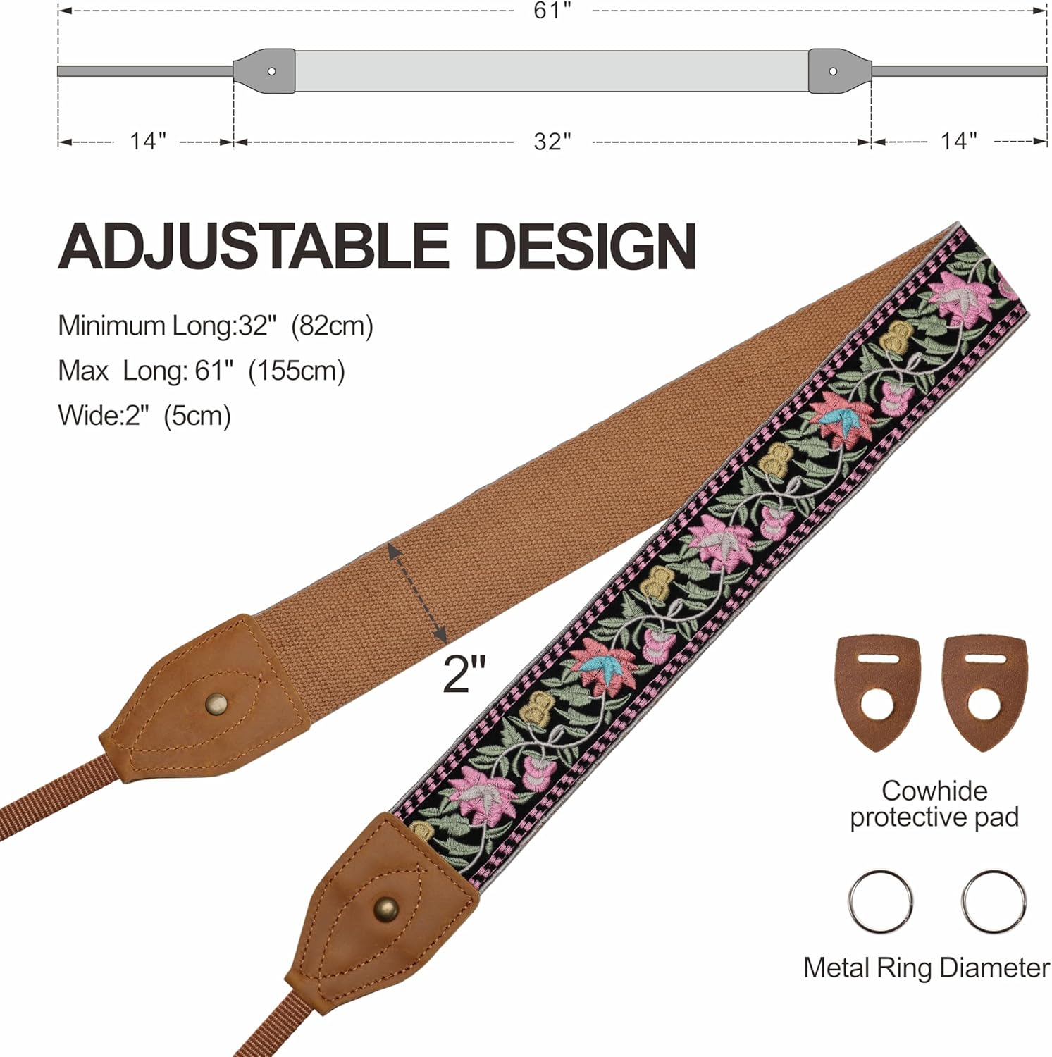 Detalle 2 de Padwa Lifestyle Embroidered Flower Camera Strap – 2" Wide, Vintage Cowhide, Comfortable and Universal