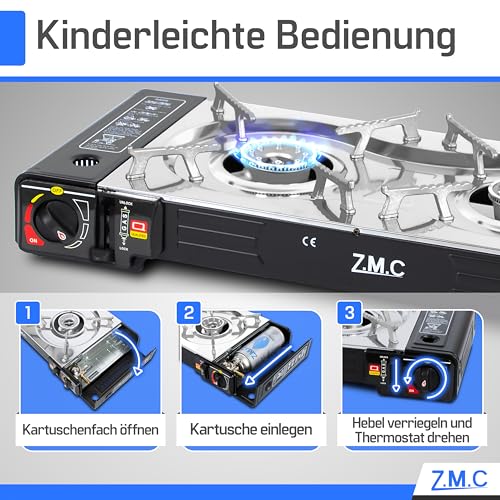 Detalle de Z.M.C Gaskocher Campingkocher 2-flammig mit Grillplatte und 4x 227 g Kartuschen