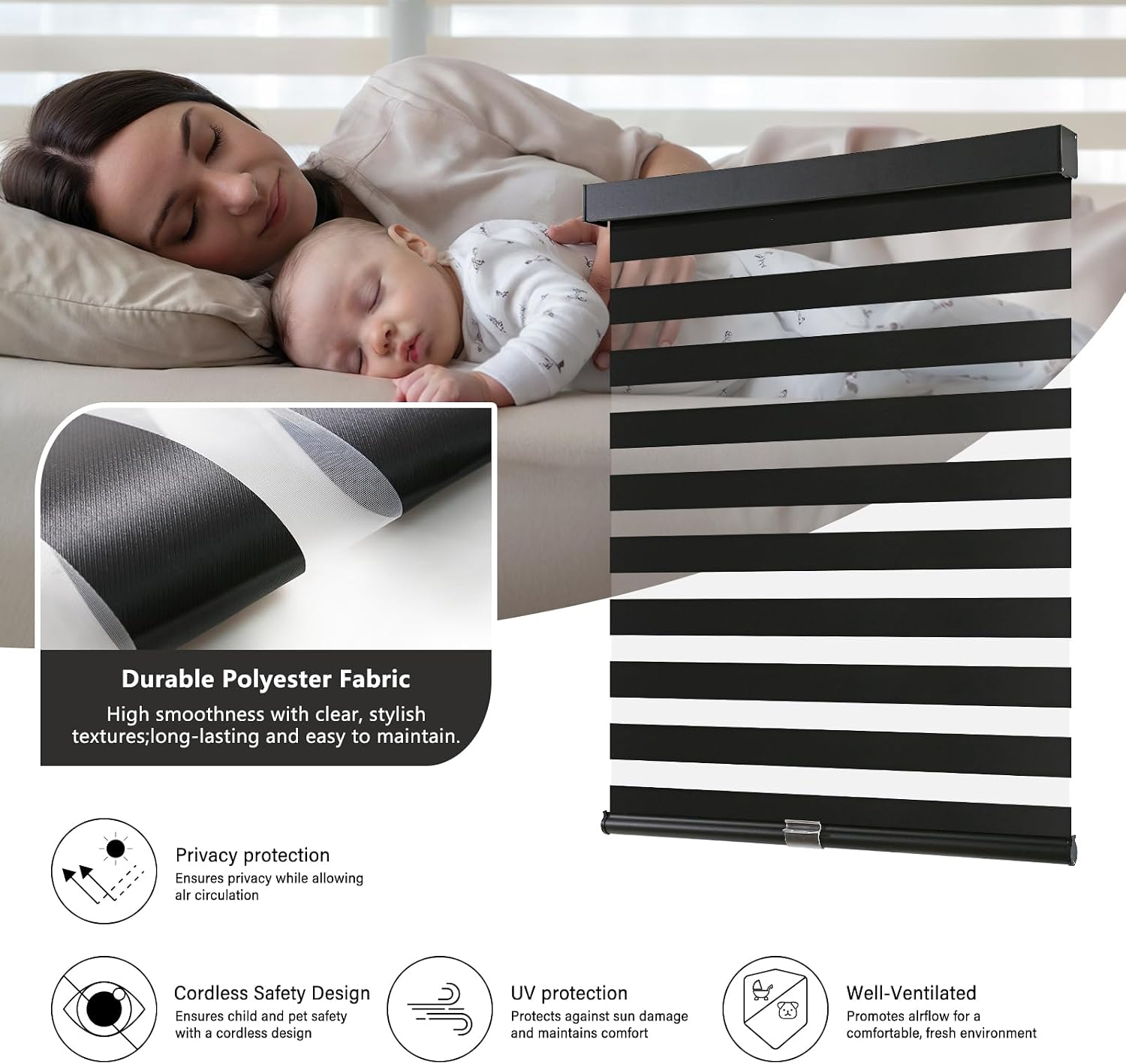 Detalle de AOSKY Cordless Zebra Blinds for Windows (32" W x 72" H, Black) — Dual-Layer Light Filtering & Privacy