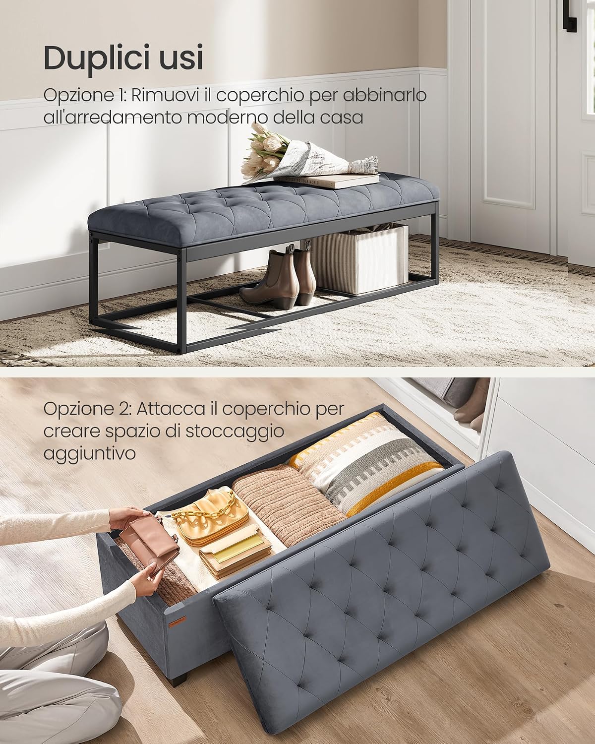 Detalle 2 de SONGMICS Cassapanca pouf contenitore 40 x 110 x 39 cm con gambe in legno (LSF089G01) grigio ardesia
