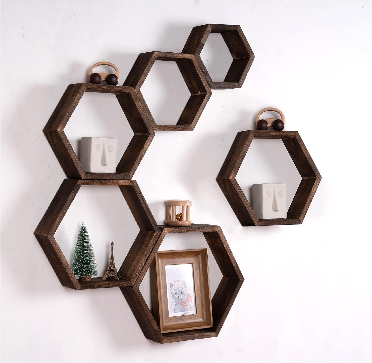 Detalle de WONFUlity sechseckige Holz-Wandregale (6er-Set) im Landhausstil