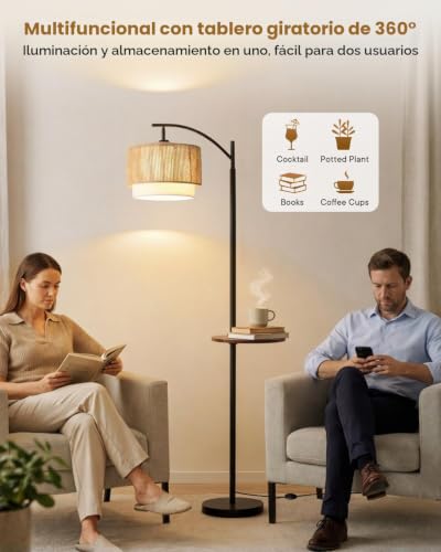 Detalle 2 de Wio-Mio Lámpara de Pie de Ratán con Mesa: boho moderno con luz regulable y superficie auxiliar