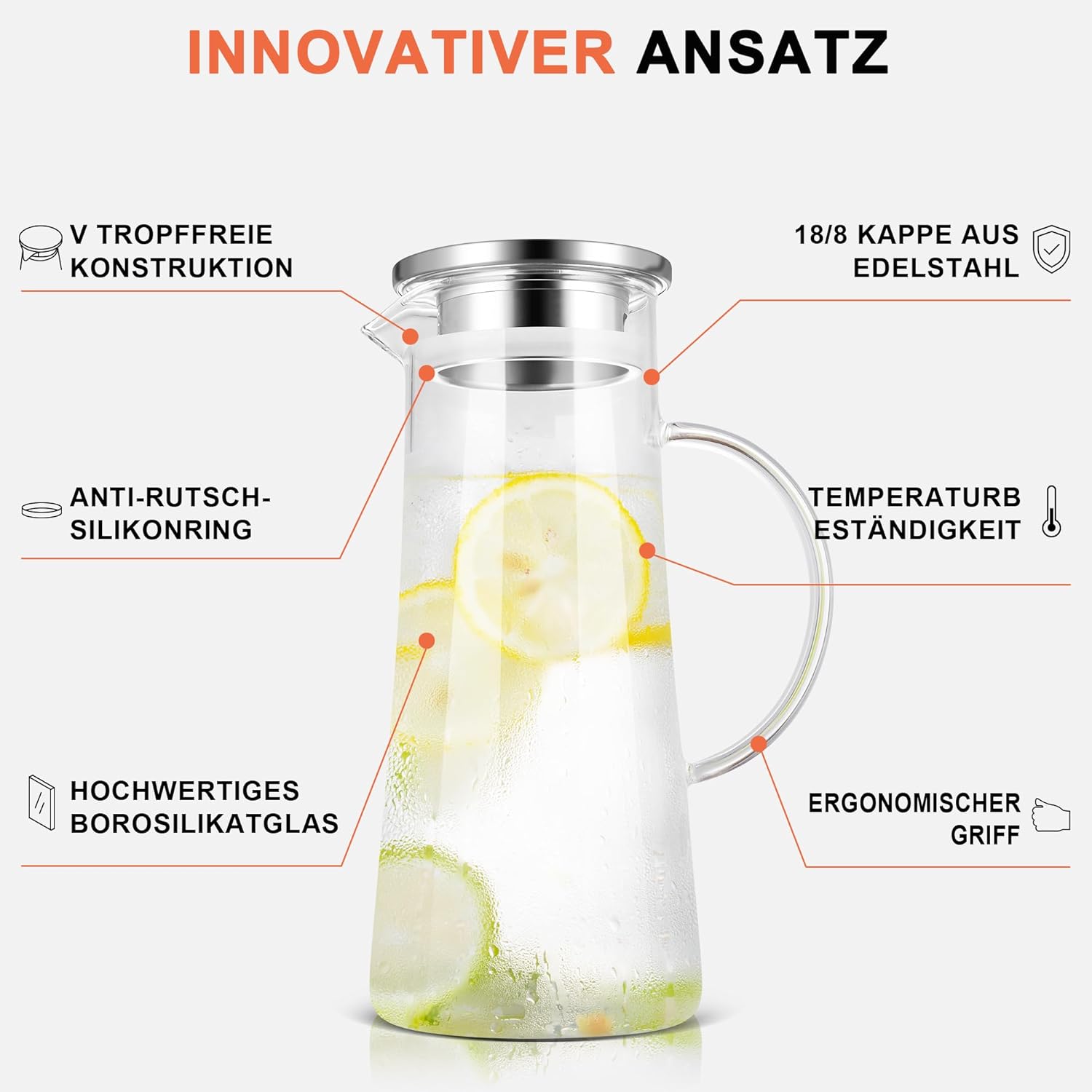 Thumbnail 2 de SUSTEAS 1,5-Liter-Glaskaraffe mit Deckel – Borosilikatglas für heißes & kaltes Wasser, Tee, Saft & mehr