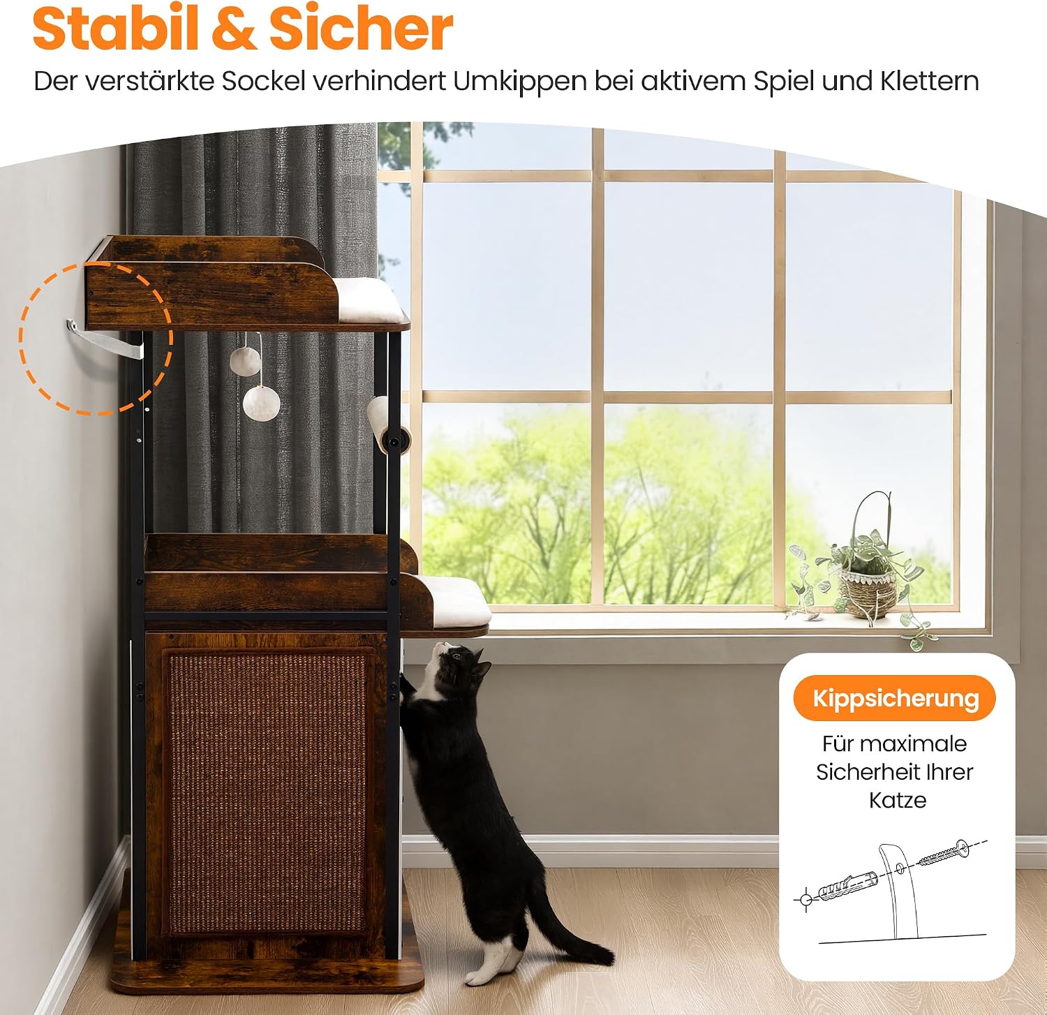 Thumbnail 6 de Kratzbaum 122 cm hoch aus Holz – Katzenbaum Vintage Braun mit Sisal, Höhle und Plüschkissen