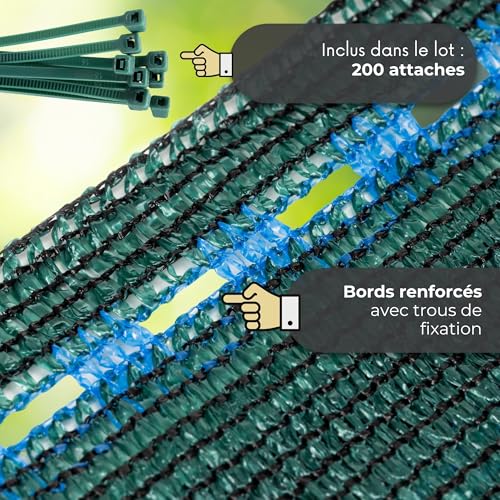 Detalle de SPRINGOS Filet d'ombrage 1 x 50 m + 200 Attaches-câbles – filet HDPE 140 g/m², 90% d'ombrage, vert