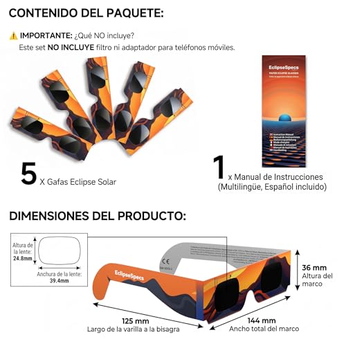 Detalle de Gafas Eclipse Specs: Pack de 3/5/10/25 gafas para observación solar con certificación ISO 12312-2 y CE
