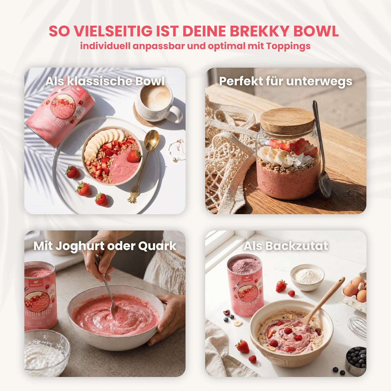 Detalle 2 de BREKKY Protein Smoothie Bowl „Protein Strawbeery“ – vegan, ohne Zuckerzusatz, 100% natürliche Zutaten