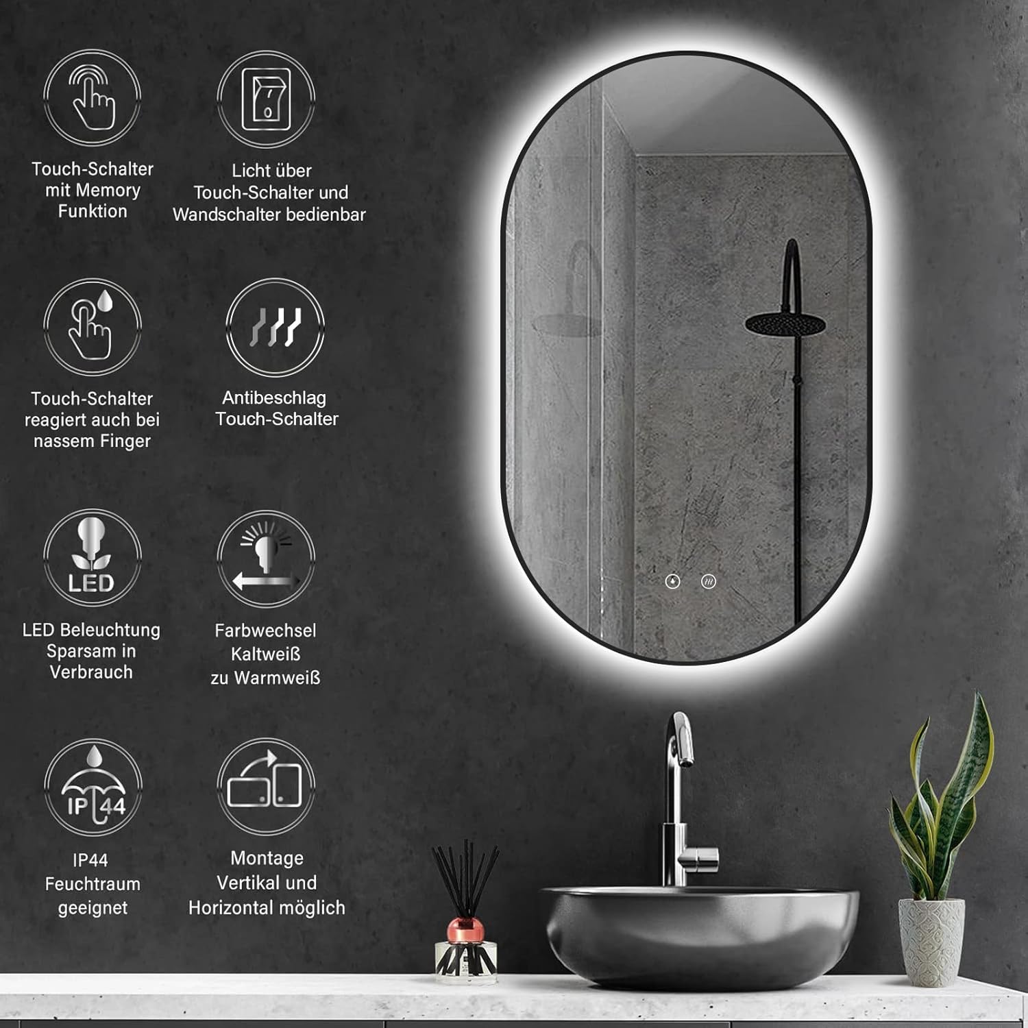 Thumbnail 3 de ApeJoy Specchio da bagno ovale con illuminazione – 75x45 cm, LED, anti-nebbia e memoria colore