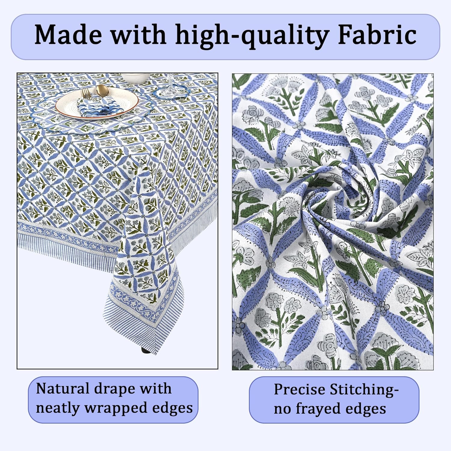 Detalle de Ridhi Steel Blue 60x60 Inches Square 100% Cotton Hand Block Print Tablecloth