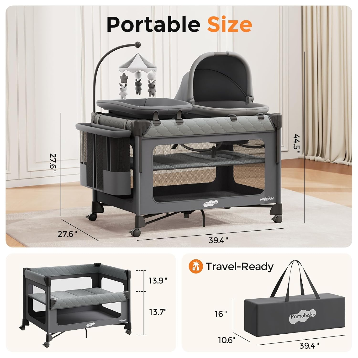 Detalle de Pamo Babe Pack and Play with Bassinet: 7-in-1 Portable Bedside Crib and Playard