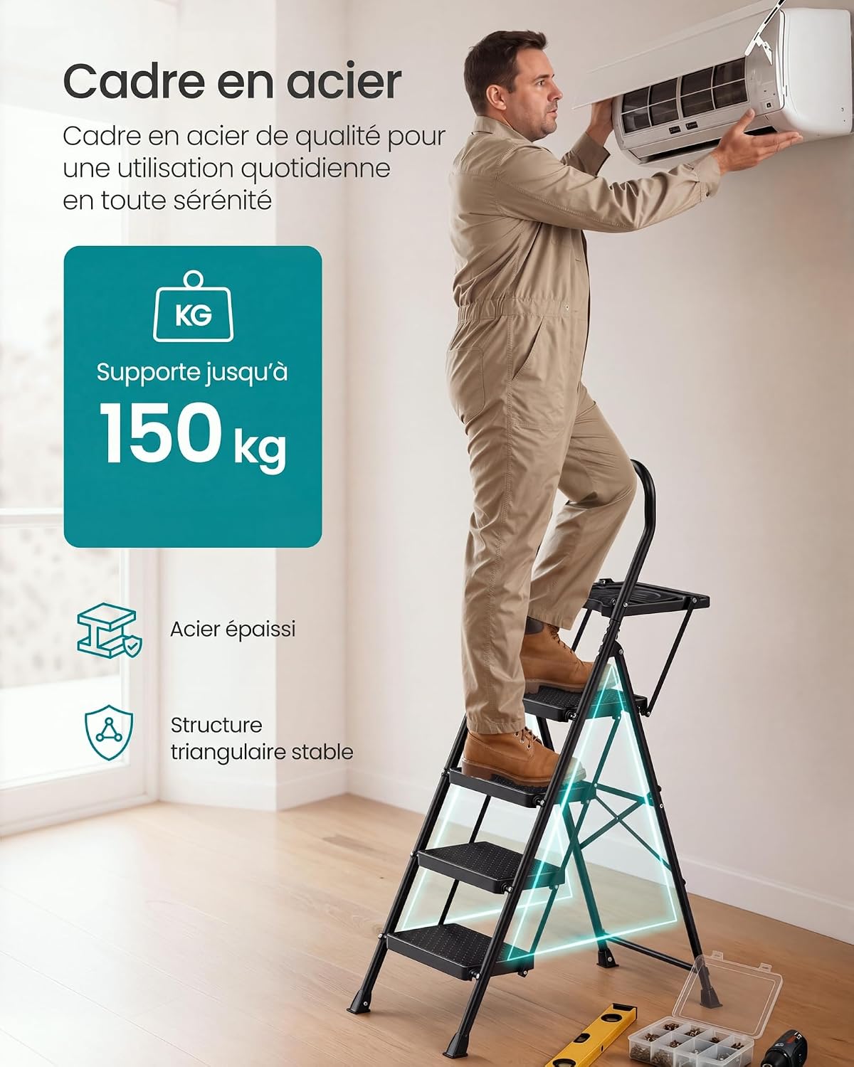 Detalle de SONGMICS GSL204BZ01 vouwladder met 4 treden, stalen frame en antislip