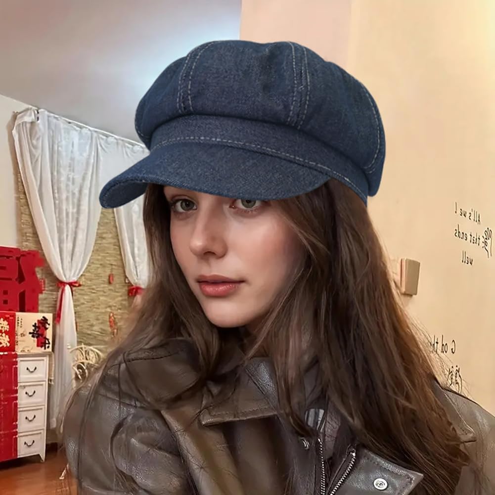 Detalle 2 de Yiqeenho Denim Beret Hat for Women: Washed Denim Newsboy Cap