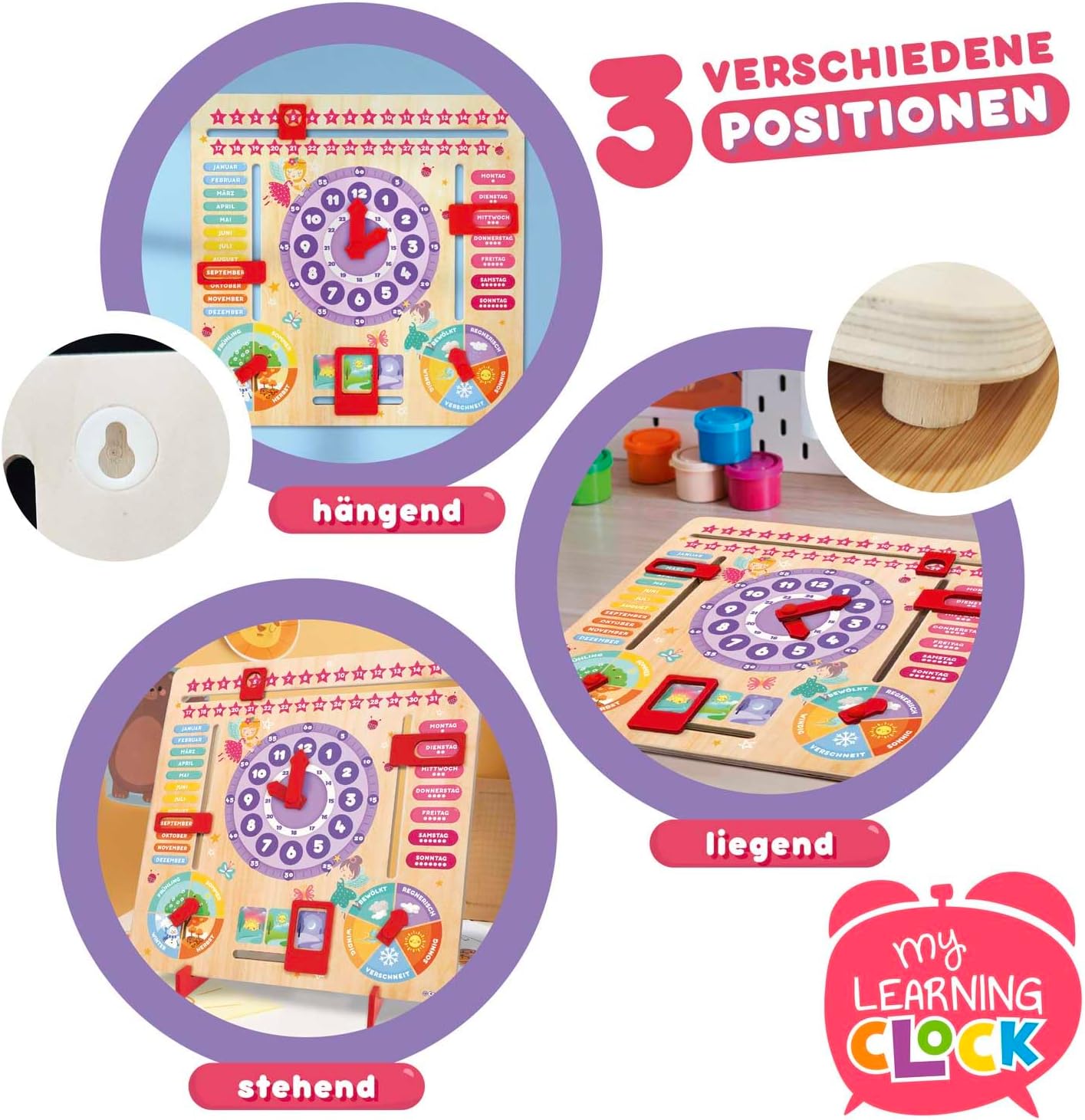 Thumbnail 2 de CRAZE My Learning Clock Princess – Lernuhr aus Holz für Kinder, Jahreszeiten-Tafel, lila