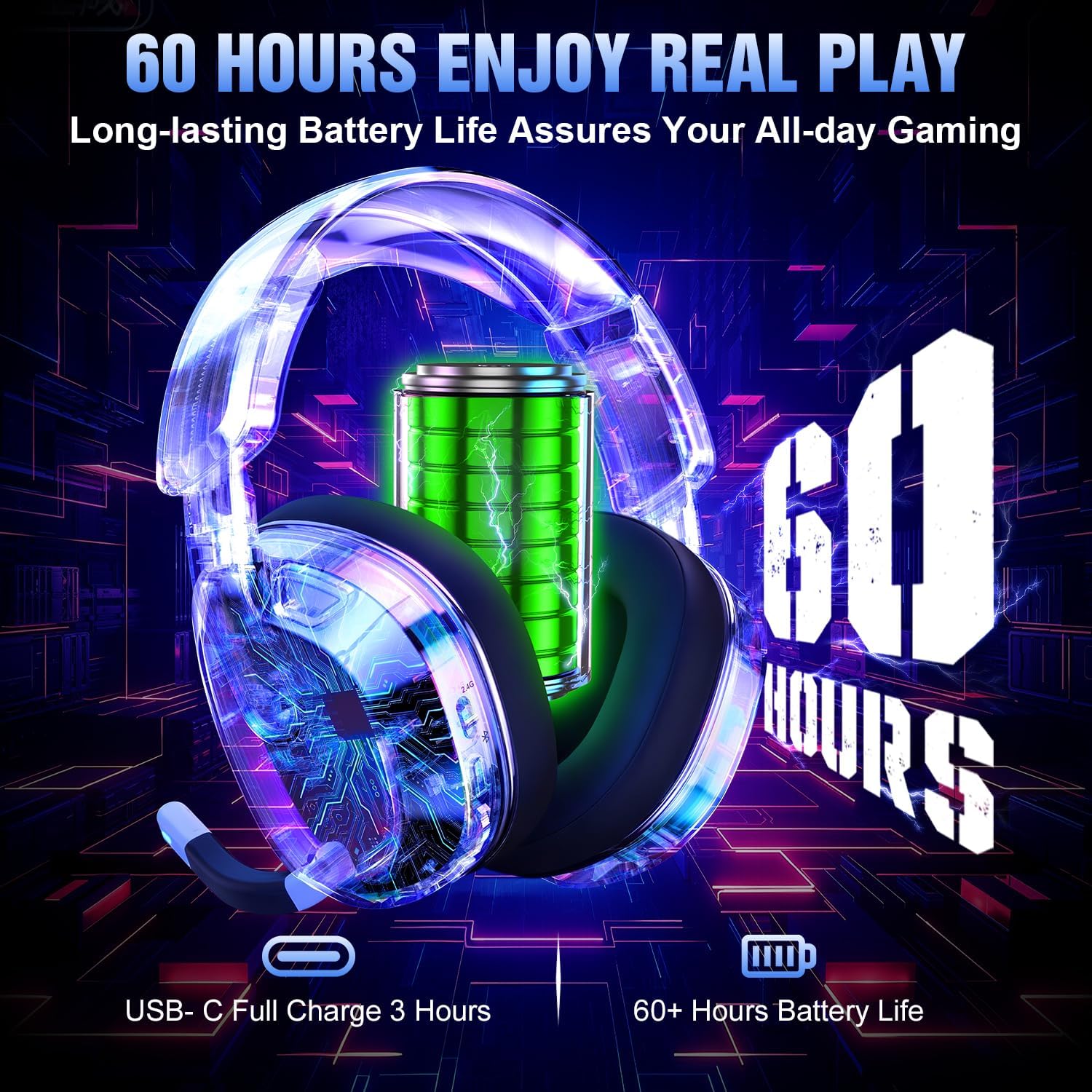 Thumbnail 2 de BENGOO Wireless Gaming Headset for PS5/PS4/PC/Switch: RGB, 60H Battery, 7.1 Surround, and Noise-Canceling Mic