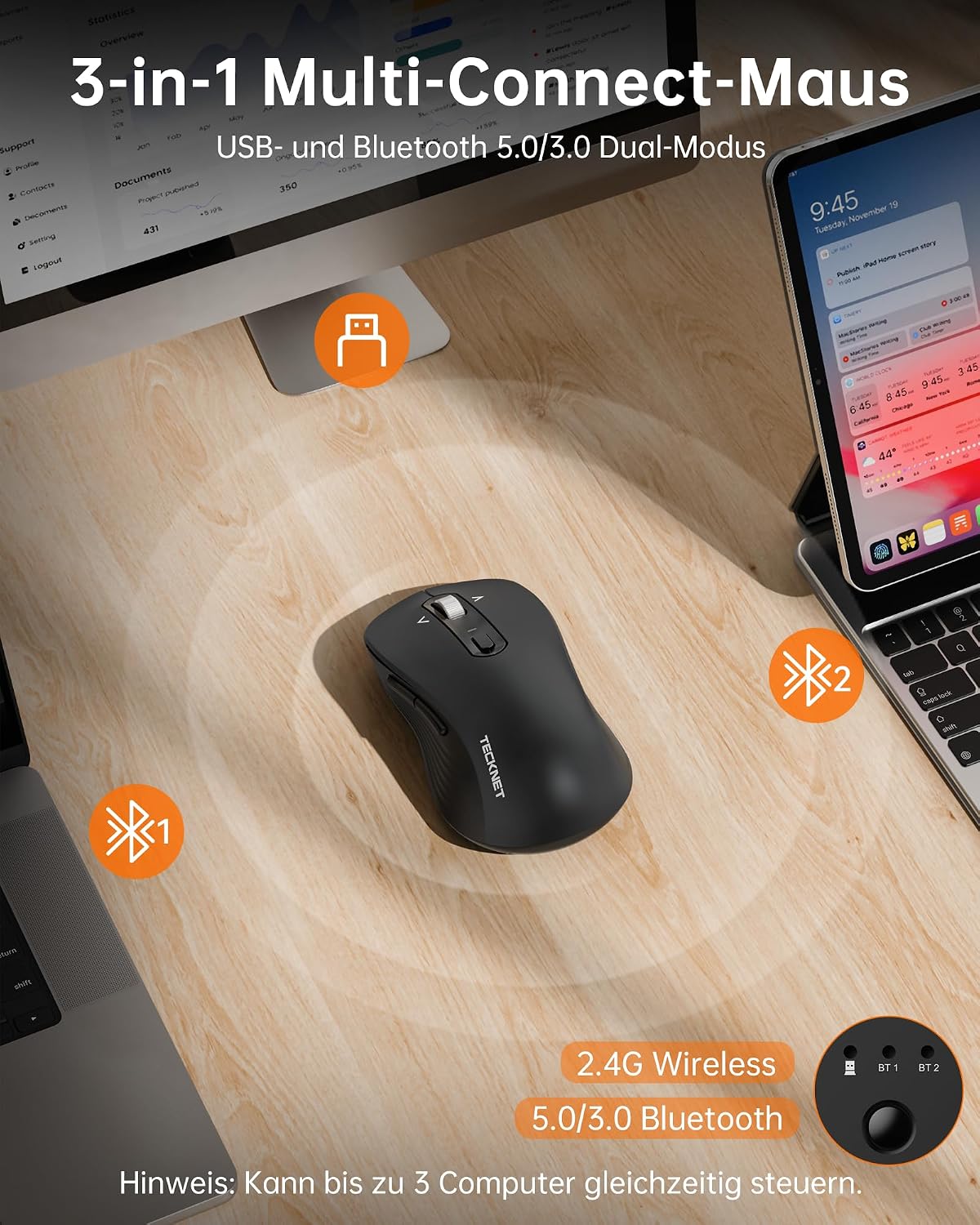 Detalle 2 de TECKNET Bluetooth Maus – Kabellos, 4-Wege-Scrollrad, 4800 DPI, BT/2,4G, Ergonomisch, Schwarz