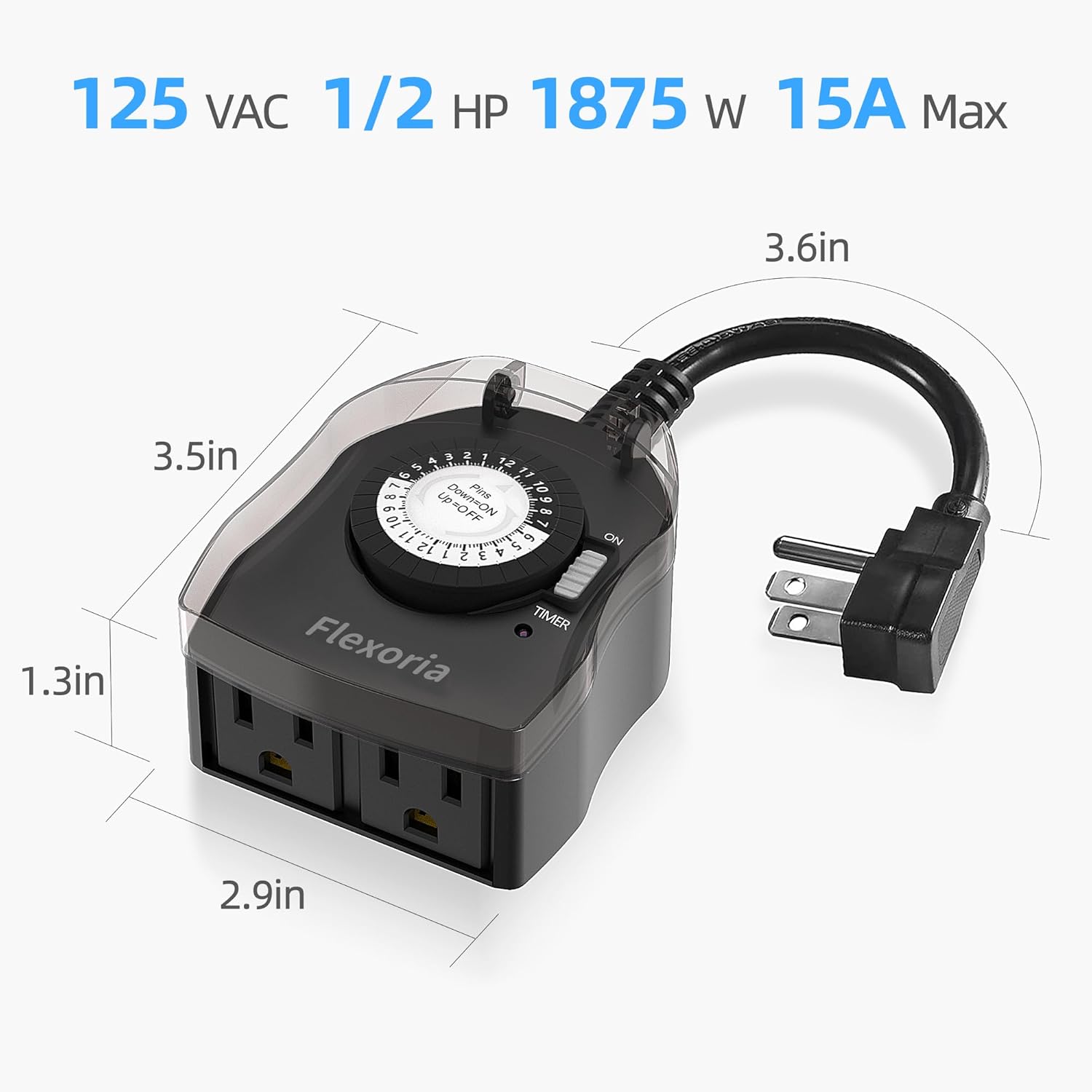 Thumbnail 6 de Flexoria Outdoor Timer Outlet Waterproof: 24-Hour Mechanical Plug-In Timer with 2 Grounded Outlets
