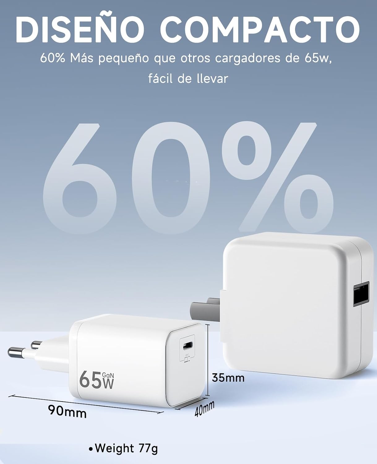 Detalle de HYDOOD Cargador USB C 65W con cable 2 m GAN II: carga rápida PD3.0 PPS para MacBook, iPhone y Galaxy