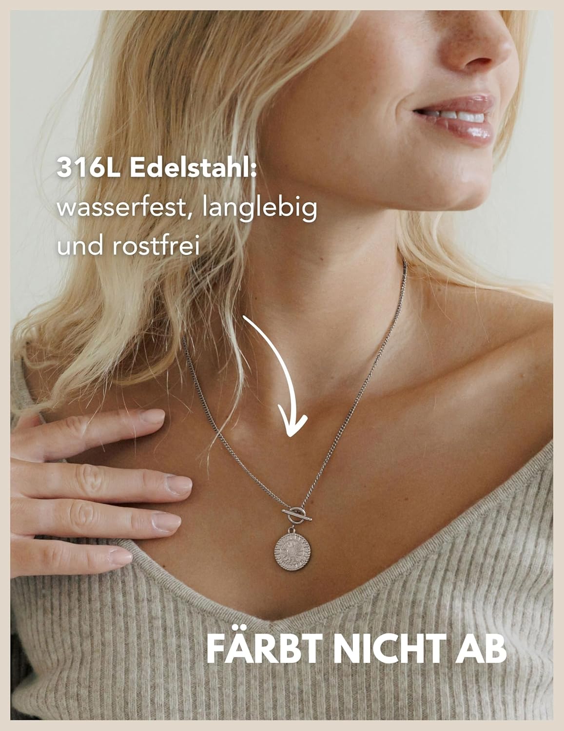 Detalle de GD GOOD.designs Kette Sonne – wasserfeste Halskette für Damen mit Sonnen-Anhänger aus 316L Edelstahl, 18K Gold, Roségold & Silber, verstellbar (45–50 cm)