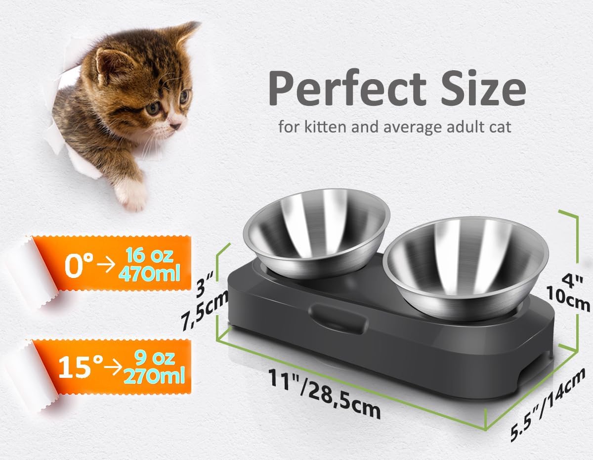 Thumbnail 6 de TANGN Raised Double Cat Feeding Bowl (Stainless Steel) with 15° Tilted Anti-Vomiting Stand