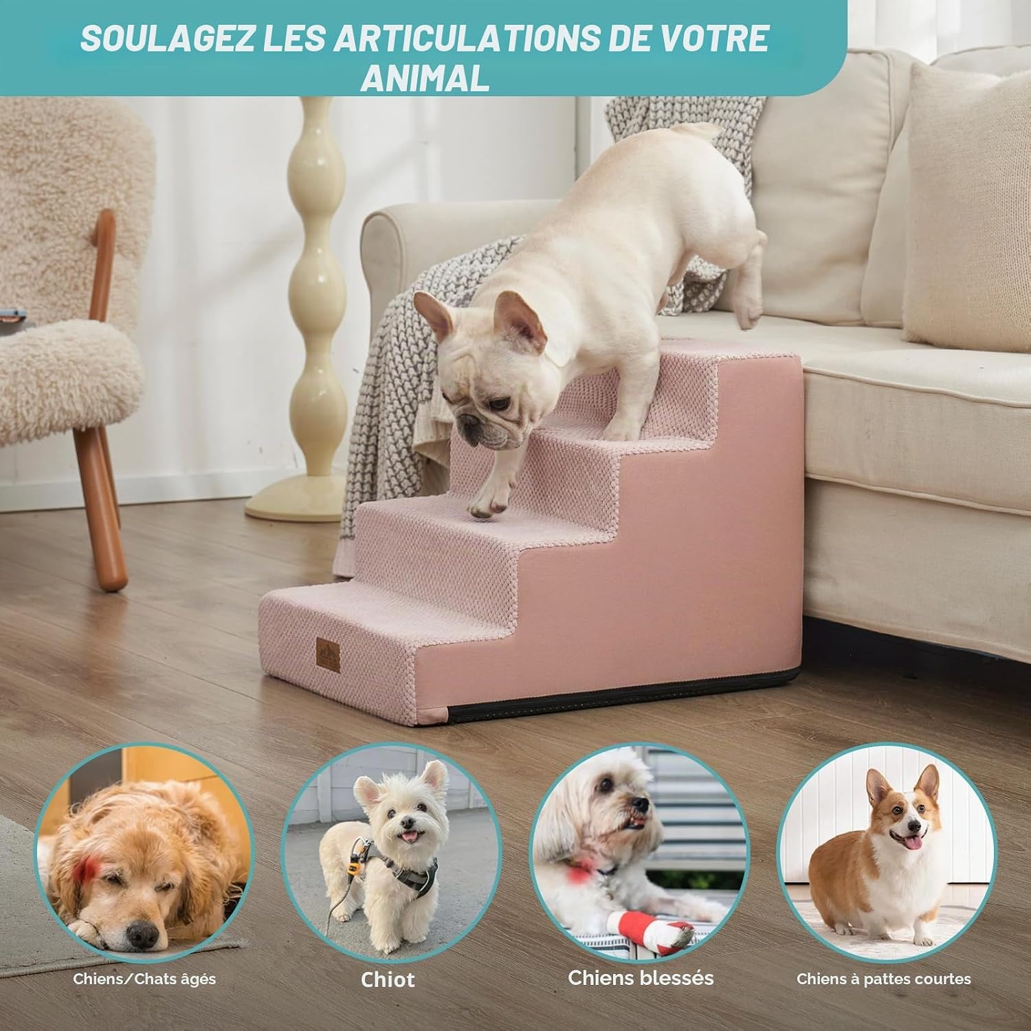 Detalle de COZY KISS Escalier large pour chiens de petite taille – 4 ou 5 marches, antidérapant