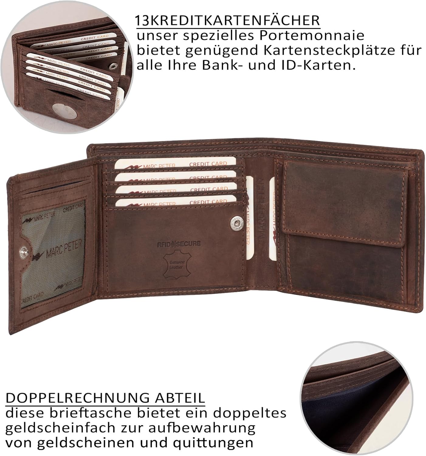 Detalle de Marc Peter® California AirTag Wallet mit Münzfach und RFID-Schutz – Vintage Braun Geldbörse