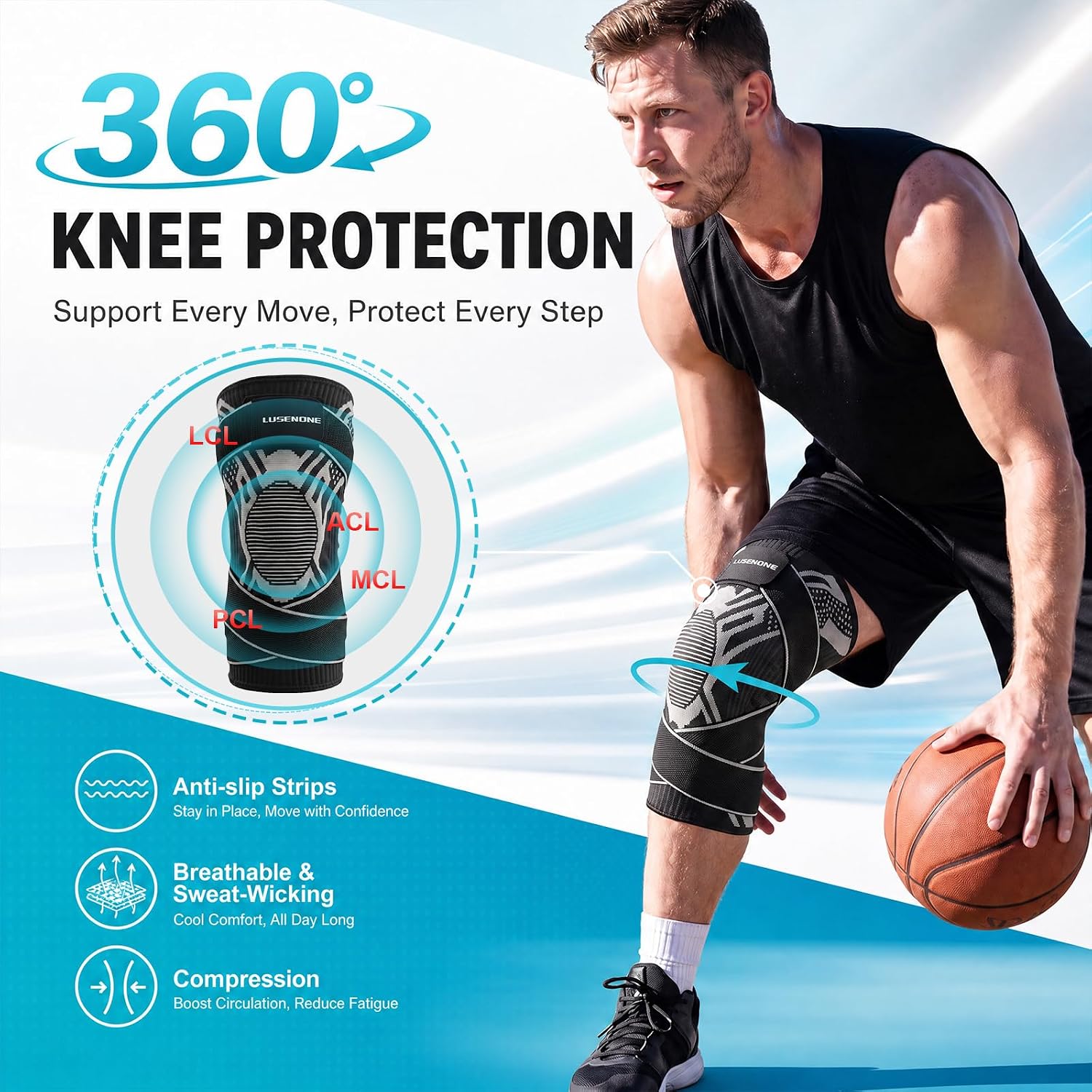 Detalle 2 de Lusenone Adjustable Knee Brace, Side Stabilizers, Patella Gel Pad, Size M