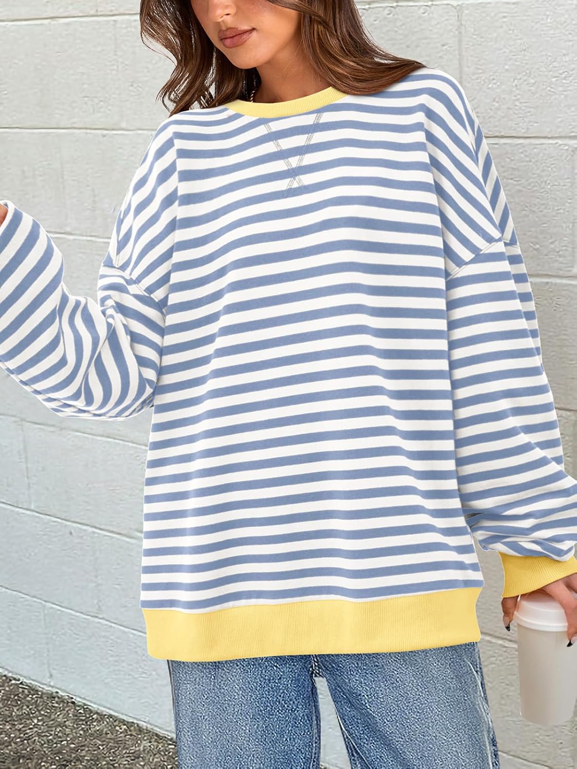 Thumbnail 1 de PRETTYGARDEN Women’s Striped Oversized Sweatshirt (Color Block Crew Neck, Long Sleeve)