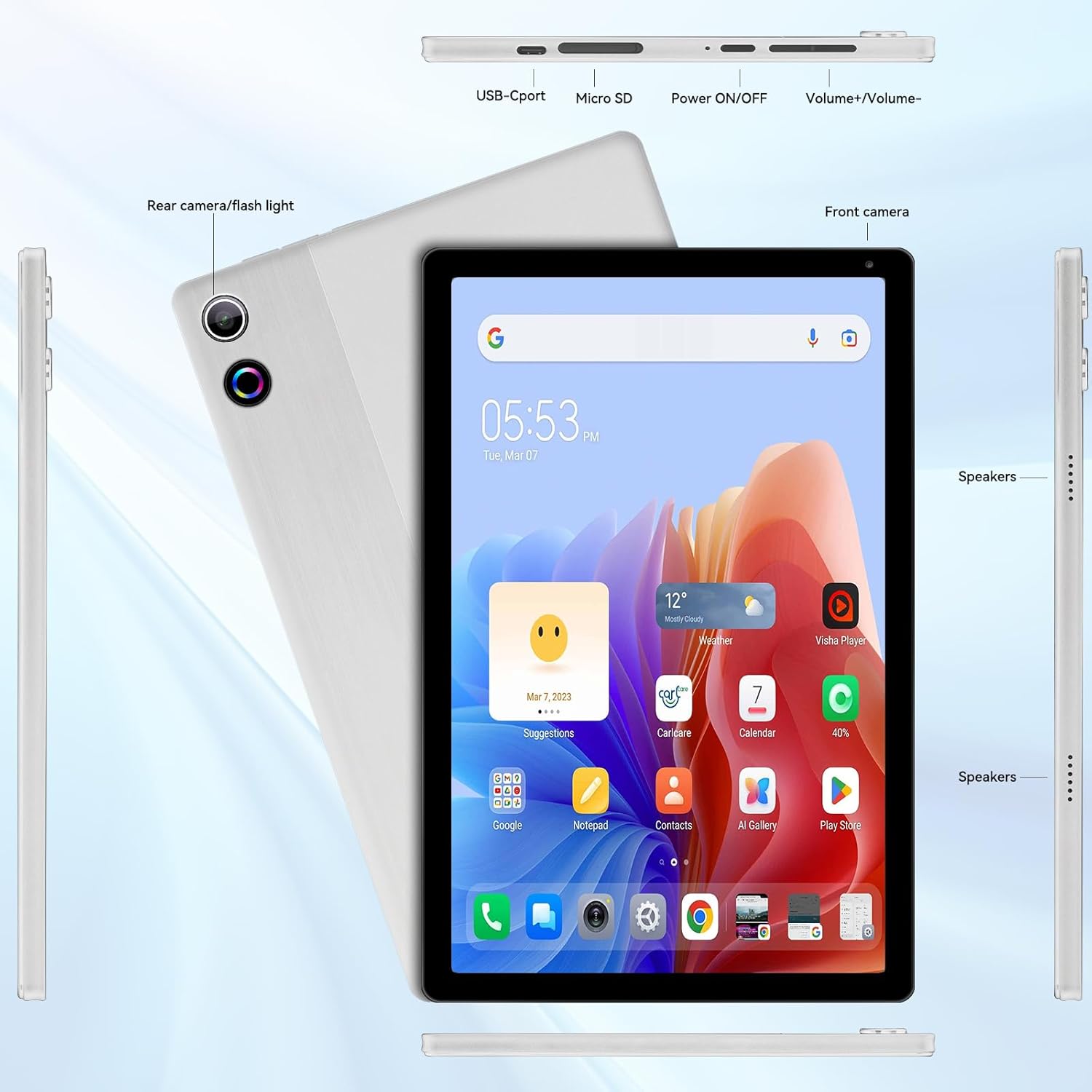 Thumbnail 6 de Ainmel 10 Inch Android 14 Tablet (16GB RAM, 128GB ROM, 1280×800 IPS, 5G/2.4G WiFi, BT 5.0) – Silver