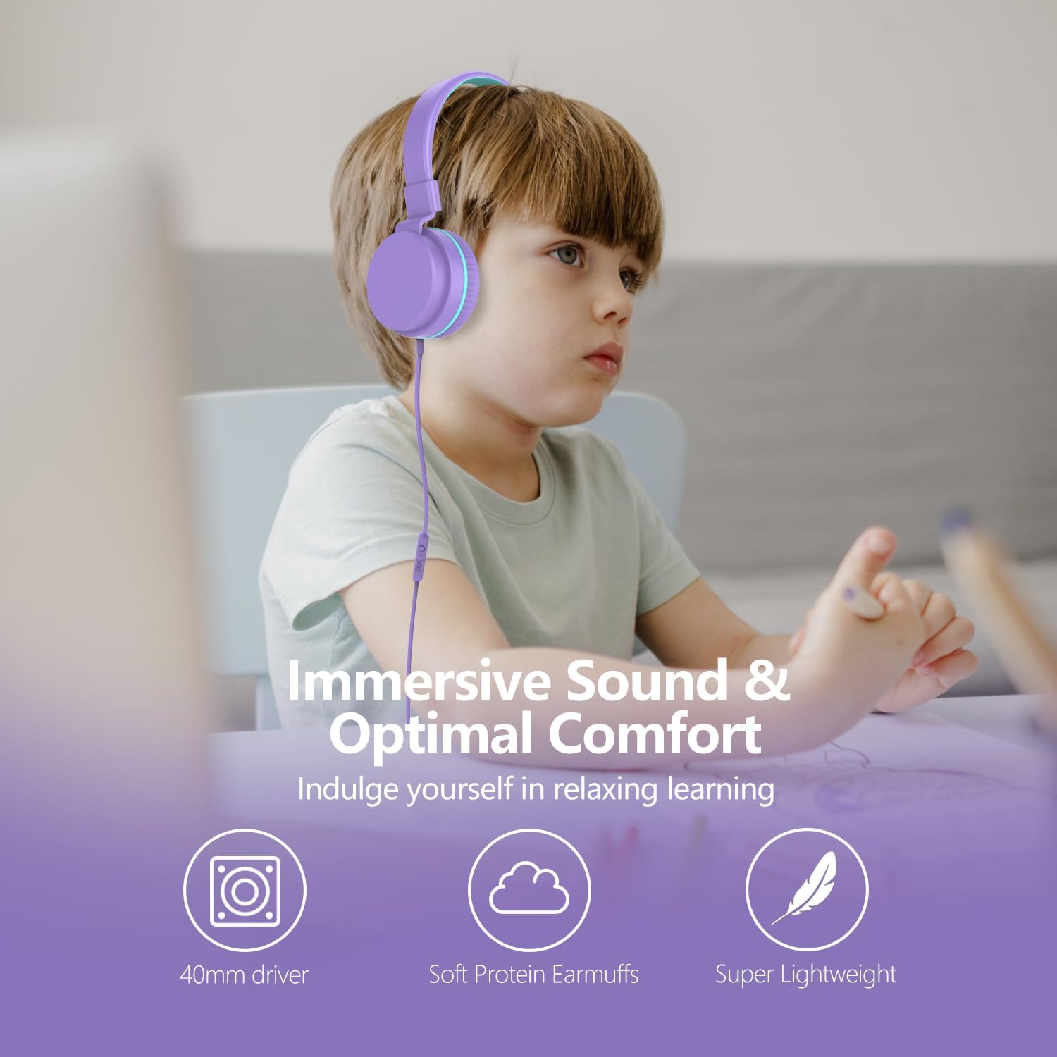 Detalle 2 de YOYOTUNE Kids On-Ear Headphones with Mic – Safe Volume Limiter, 3.5mm Wired, Foldable & Lightweight (Purple)
