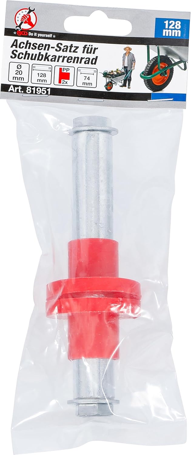 Detalle de Kit d’essieux BGS Diy 81951 pour roue de brouette – 128 mm / Ø 20 mm avec 2 douilles d’écartement