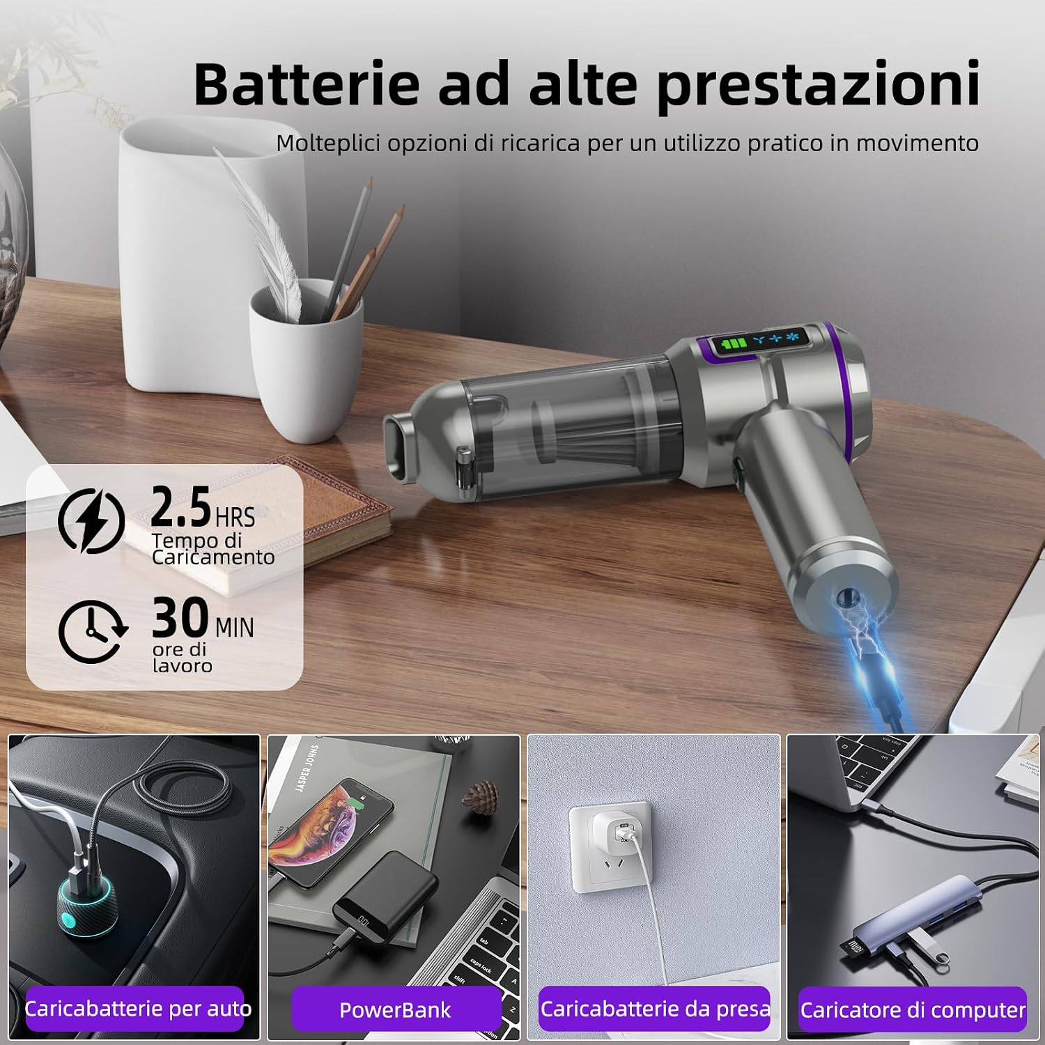 Detalle de Aspirabriciole Senza Fili 25000Pa 4-in-1 con schermo, one-touch dust dump e motor brushless Argento