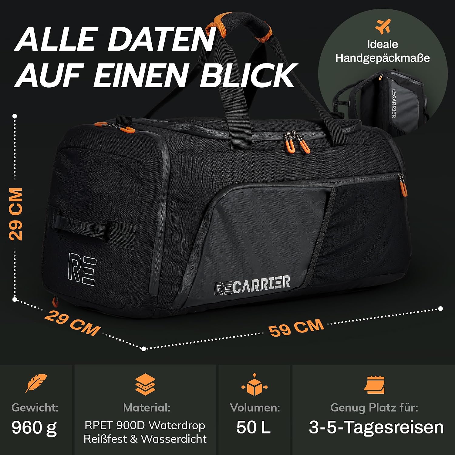 Detalle de RECARRIER Sporttasche 50L – Wasserdichte Gym Bag aus recyceltem PET mit Schuhfach