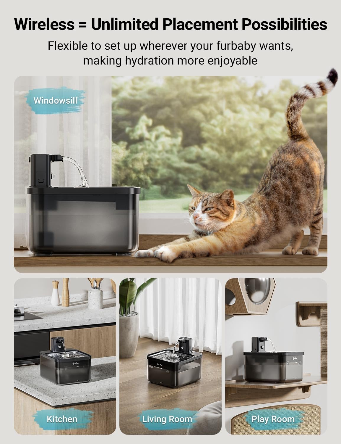 Detalle 2 de DownyPaws Wireless Cat Water Fountain – 2.5L, Battery-Operated, Motion Sensor & Stainless Steel Tray