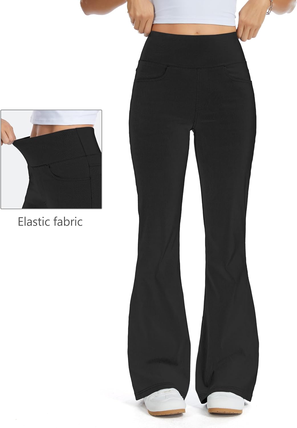 Detalle de THE GYM PEOPLE High Waist Bootcut Jeans Damen mit Bauchkontrolle & Taschen (Stretch-Denim, weites Bein)