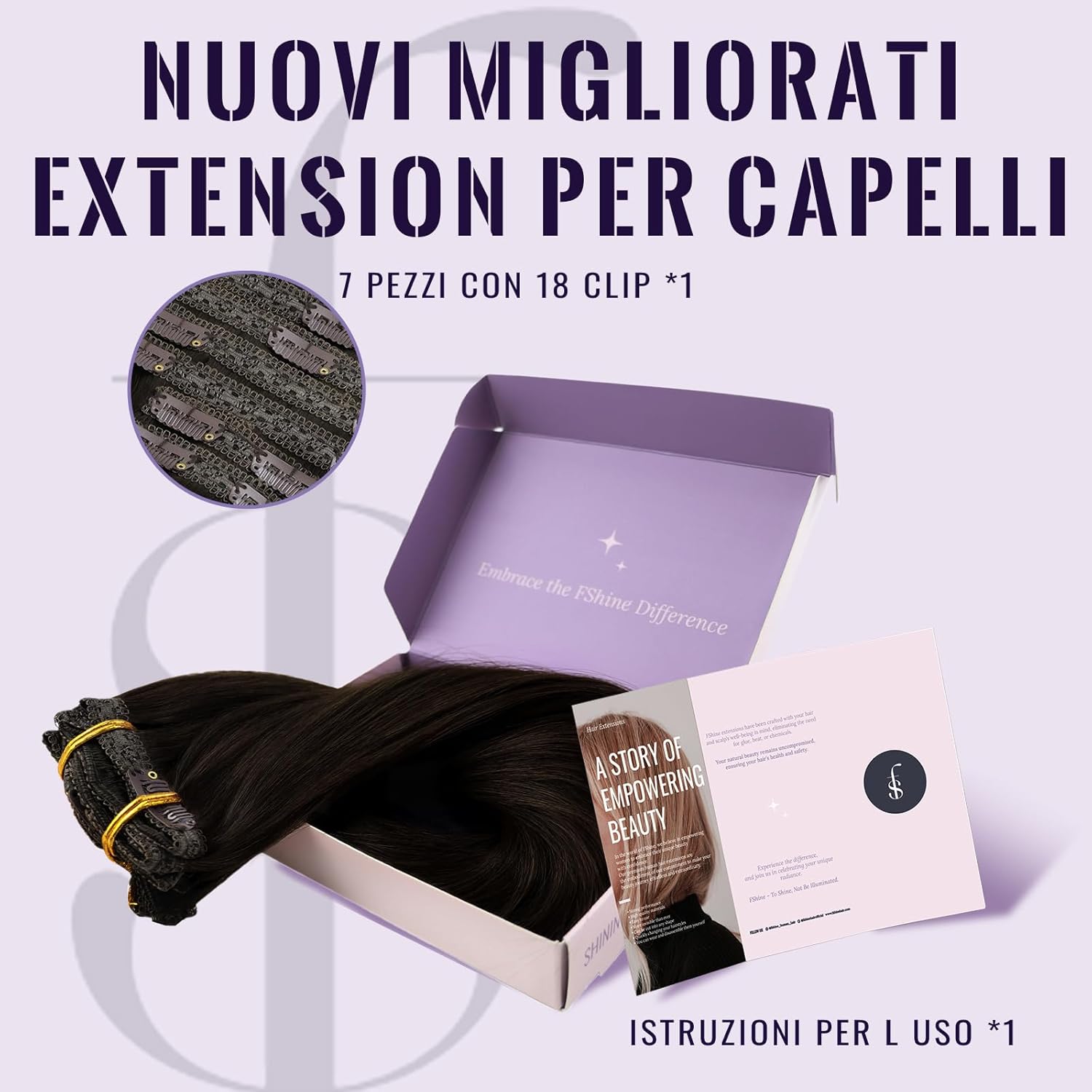 Detalle 2 de Fshine Extension Capelli Veri Clip 35 cm – Remy Naturali, 7 pezzi, Marrone Scuro 2