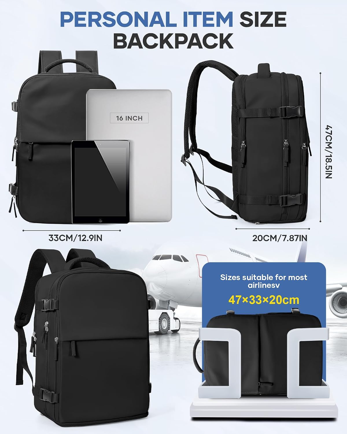 Detalle de BJLFS Zaino da viaggio con compressione sottovuoto e pompa portatile per bagaglio a mano (Ryanair/EasyJet) per laptop fino a 14”