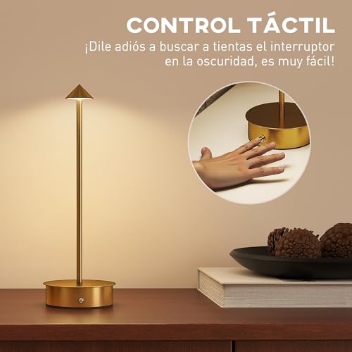Detalle de HOMCOM Juego de 2 Lámparas de Mesa Recargables por USB: control táctil y 3 temperaturas de color en un diseño dorado