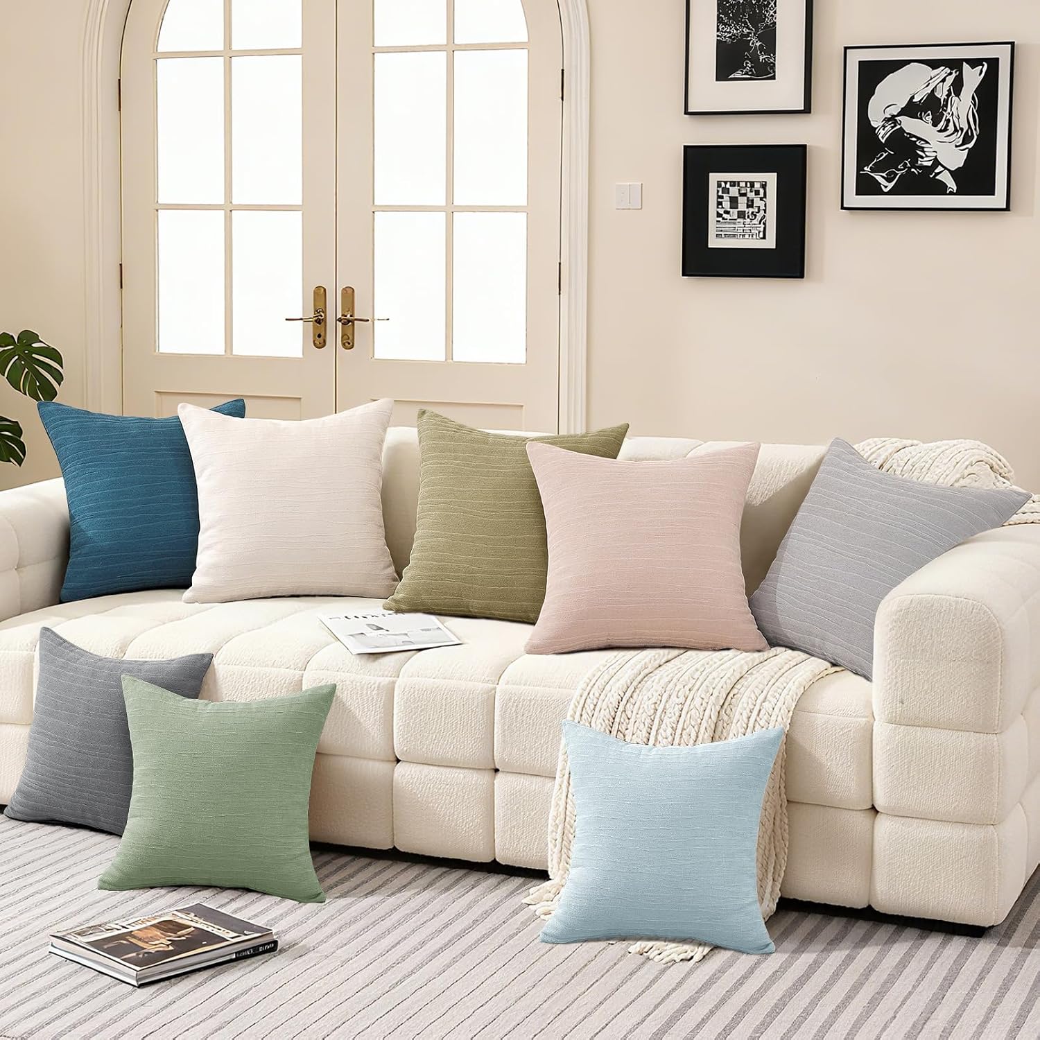 Detalle de Lot de 2 housses de coussin Ystyle 60x60 cm en polyester doux avec fermeture éclair invisible, bleu Hermès