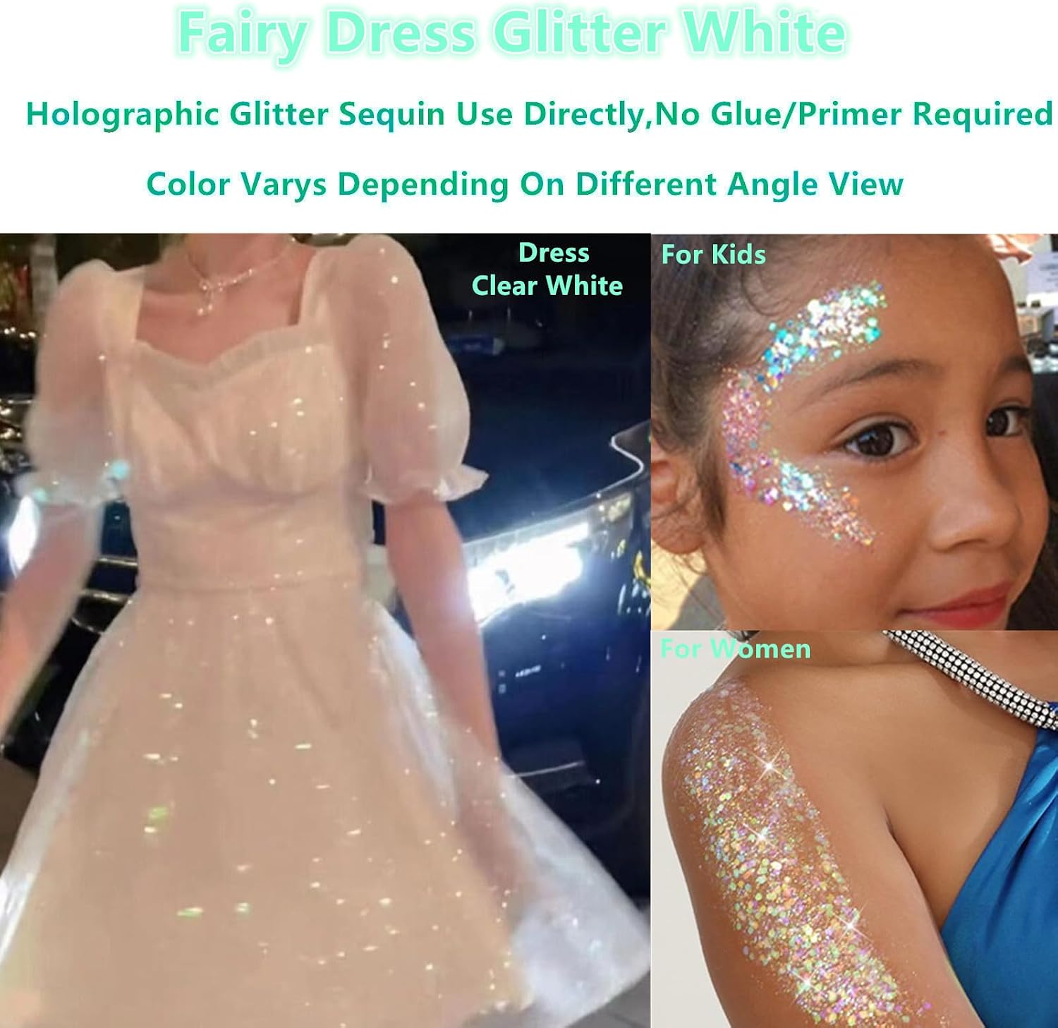 Detalle de Go Ho Clear White Face & Body Glitter Gel (Holographic Chunky Sequins) for Party, Rave, and Halloween Makeup